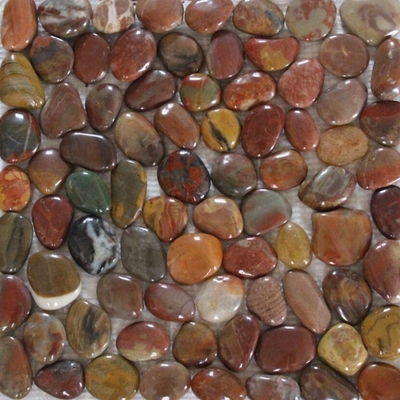 China Red Pebble Mosaic,Red Cobble Stone On Mesh,River Stone Mosaic Sheet,Meshed Pebbles supplier